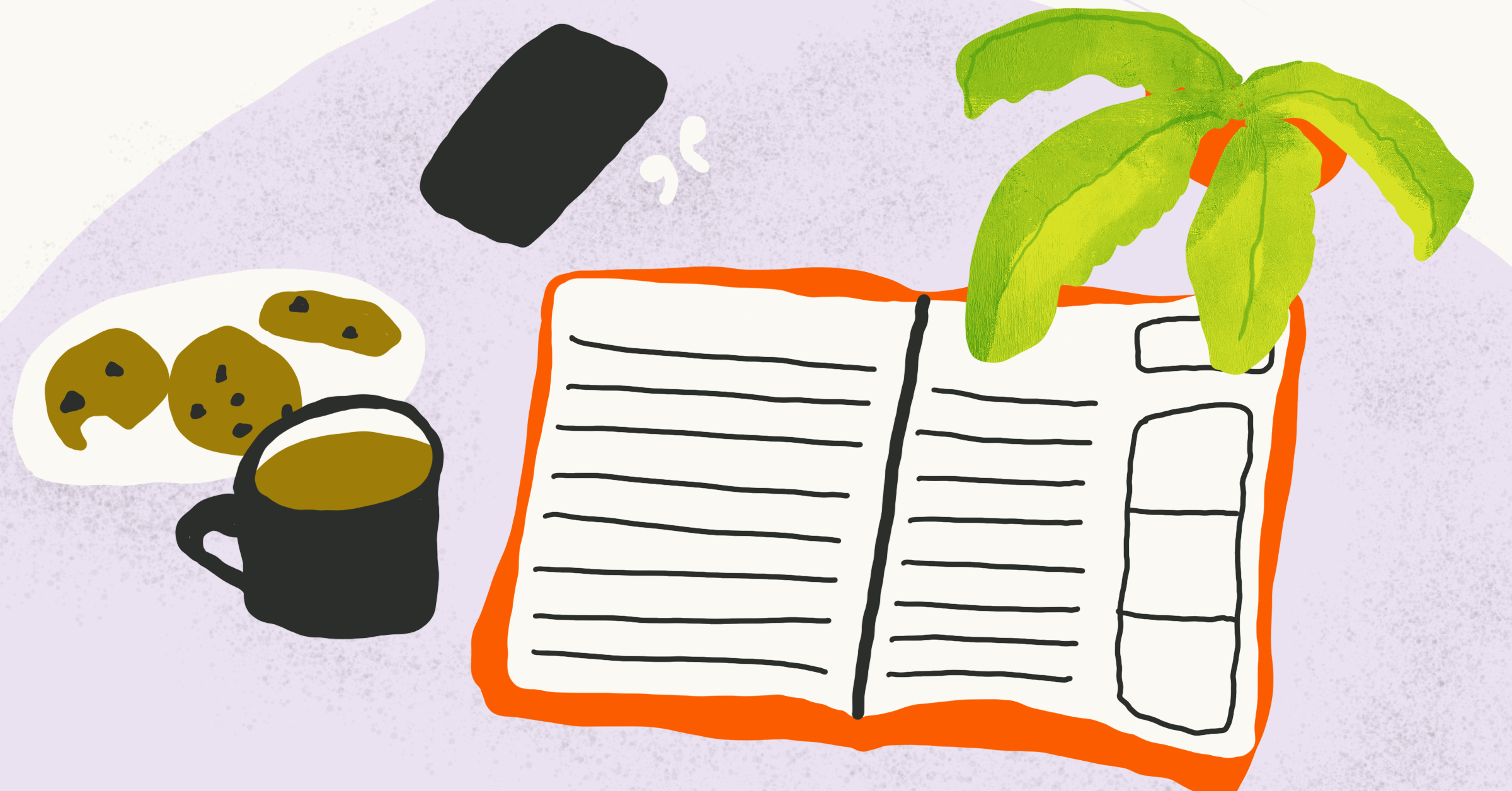 Illustration of a tabletop with cookies, coffee, a plant and an open planner